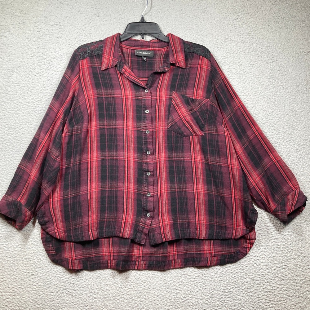 Lane Bryant Button‎ Up Flannel Shirt Womens Plus 22 Red Black Plaid Lace Detail
